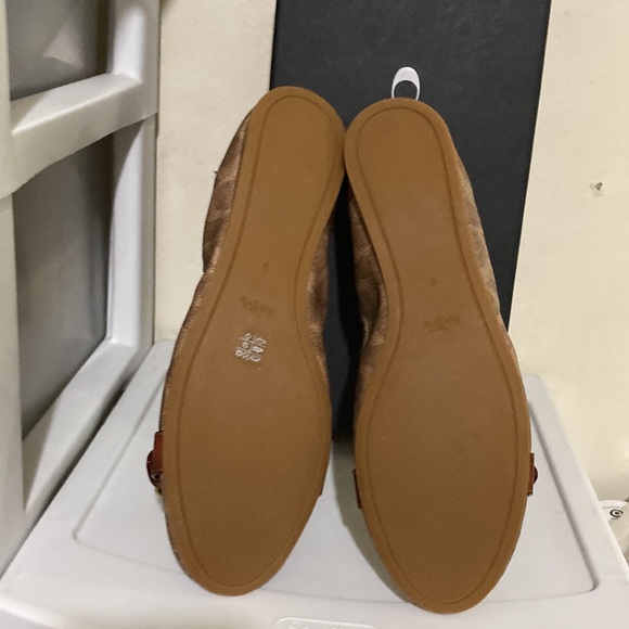 Coach Statonbelt signature buckle coated canvas tan rust leather trim flats - Picture 3 of 8